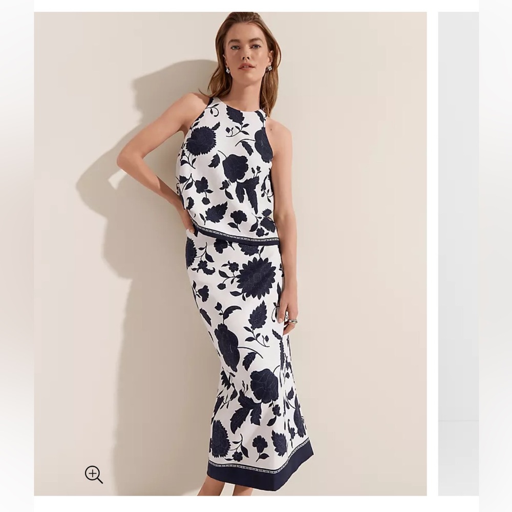 NWT ANN TAYLOR Floral border Linen blend midi pencil skirt and matching top Set
